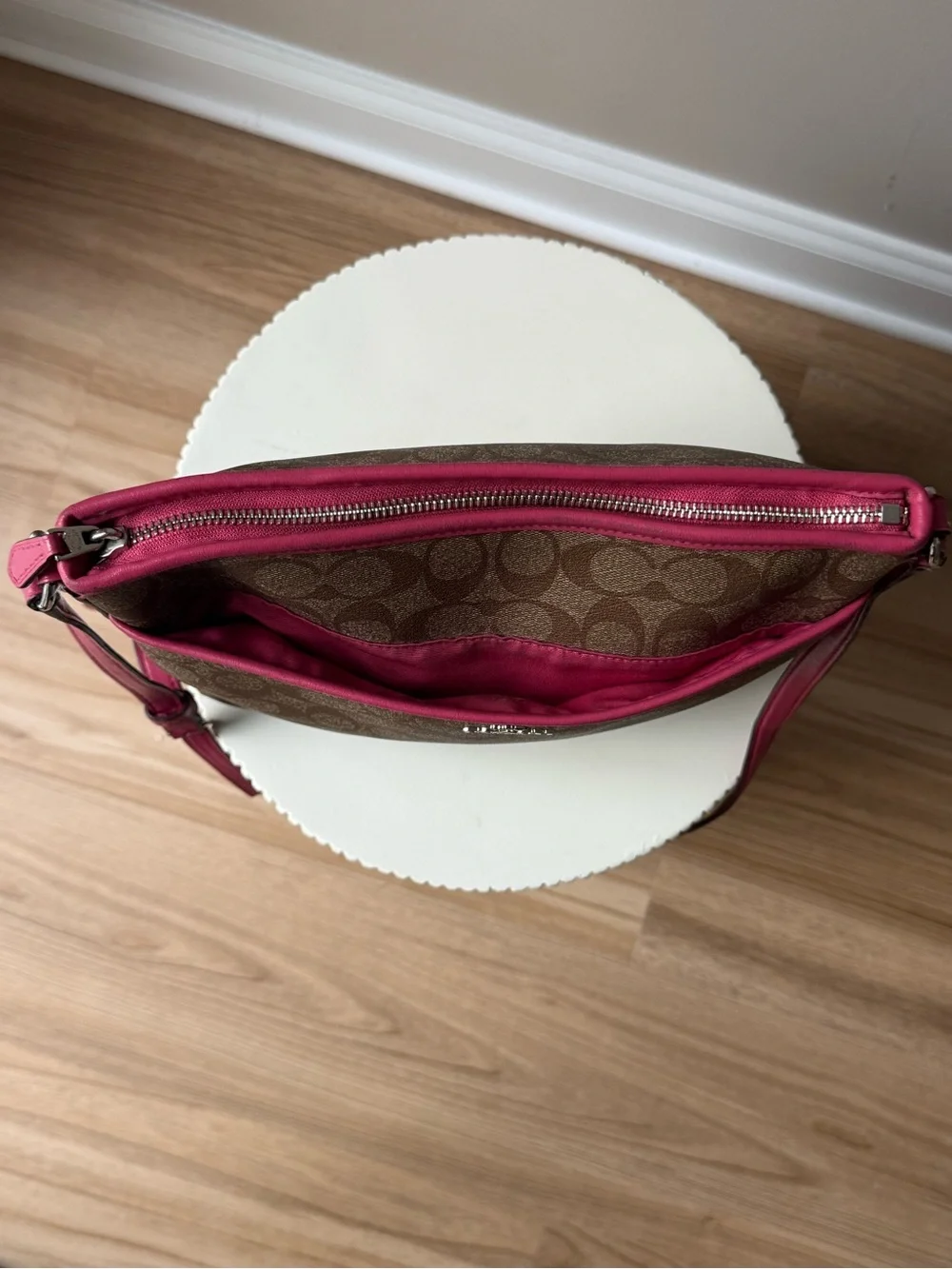 Coach Signature File Crossbody Bag – Khaki/Brown Signature Canvas w/ pink trim